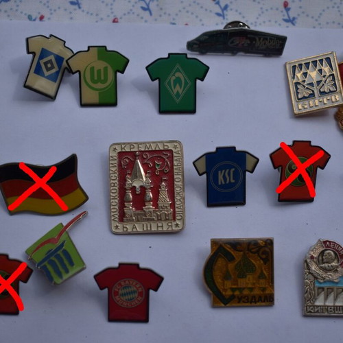 Sports pins used, pack of 43, former Eastern Bloc