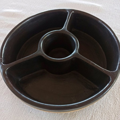 Ceramic serving platter with compartments, new, black with rattan trim