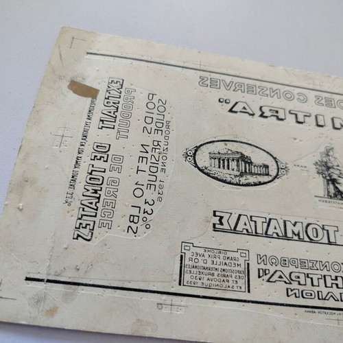 DIMITRA tomato pulp promotional cardboard used, 1930s era, reverse printed