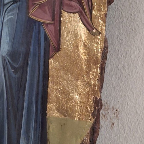 Vintage 1990s Greek Orthodox icon of Panagia with Christ on natural pine wood