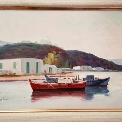 Oil painting on canvas by D. Dimitriou in excellent condition with large frame