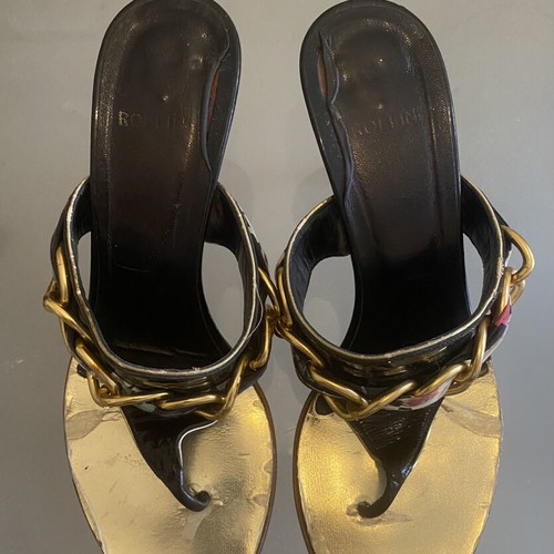 Rollini patent leather sandals with gold chain details, like new