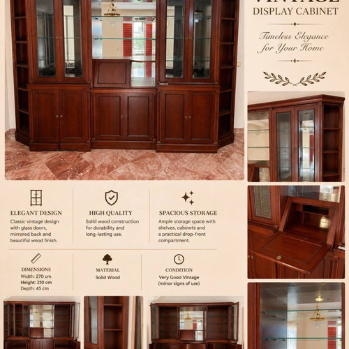 Vintage wooden display cabinet used with glass doors and storage