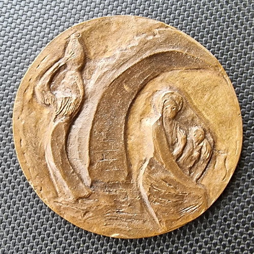 Bronze artistic medal used, possibly religious with embossed design