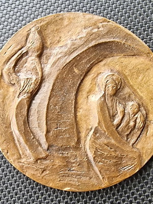 Bronze artistic medal used, possibly religious with embossed design