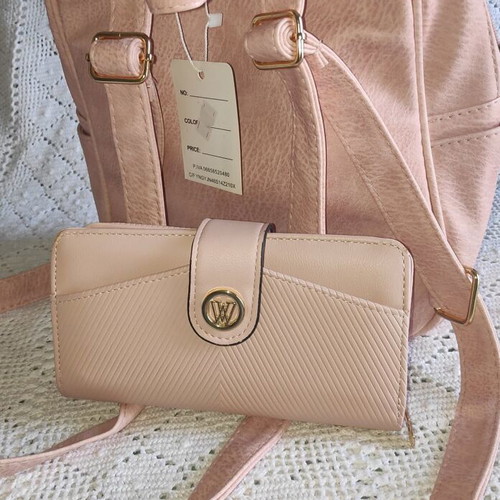 Women's backpack set with gold studs and wallet nude pink new