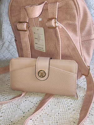 Women's backpack set with gold studs and wallet nude pink new