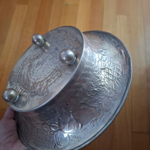 Decorative Metal Vintage Fruit Bowl with Embossed Fruits and Hammered Texture