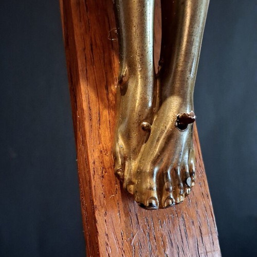 Vintage wall crucifix 60 cm with wooden cross and cast metal body