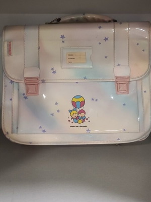 Vintage school satchel bag with pastel stars and children illustration