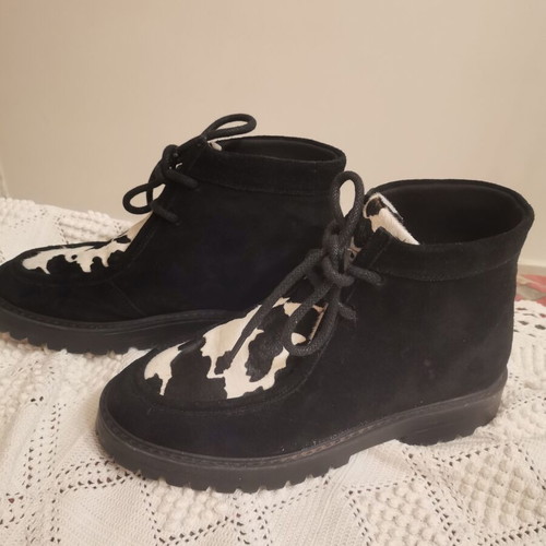 M&S women's ankle boots genuine suede leather with black and white pony skin, size 39