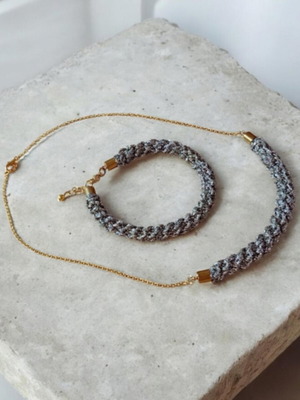 Handmade knitted necklace and bracelet set silver, new