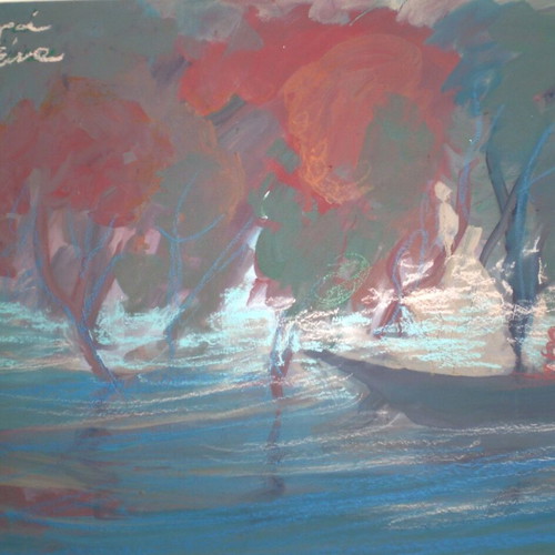 Authentic seascape painting mother and child used, mixed media by Chara Vienna