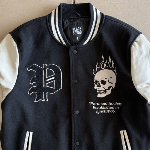 Black Squad x Paranoid Society Bomber Jacket used, men's size L, black and beige
