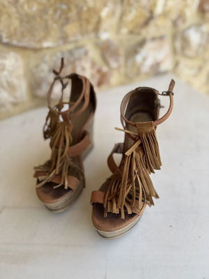 Boho suede wedge sandals size 39 used, brown, 11cm heel