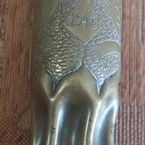 Brass carved flower vase 1945 used, height 17 cm, diameter 8 cm