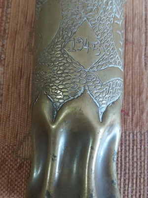 Brass carved flower vase 1945 used, height 17 cm, diameter 8 cm