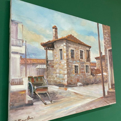Artwork on canvas with stone house theme like new