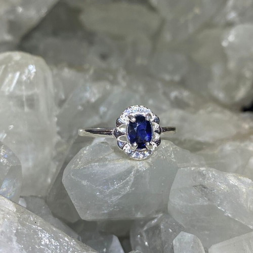 Handmade silver ring with natural blue sapphire and moissanites size 5