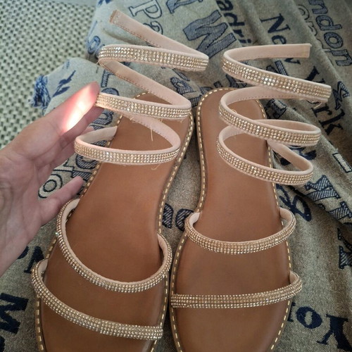 Flat sandals with rhinestones like new, size 39, beige