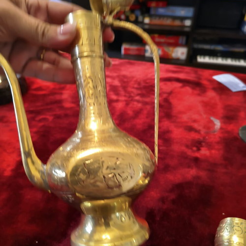 Vintage Oriental Brass Serving Set with Pitcher & 6 Cups