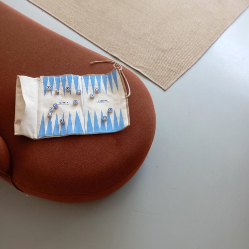 Fabric backgammon roll like new with wooden eye pieces by Samali studio