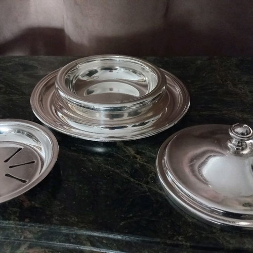 Silver-plated caviar serving dish used with monogram M