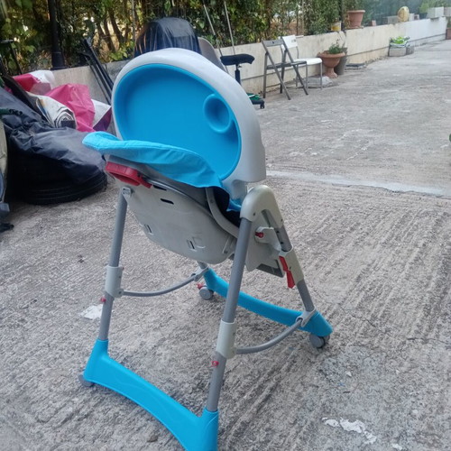 Folding Baby Highchair used, blue with wheels and brakes