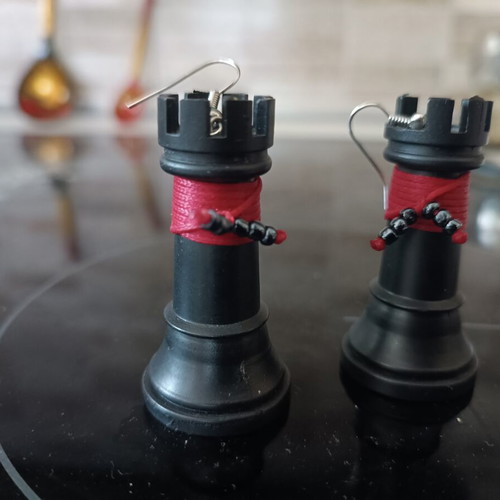Handmade chess rook earrings, black and red
