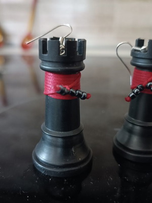 Handmade chess rook earrings, black and red