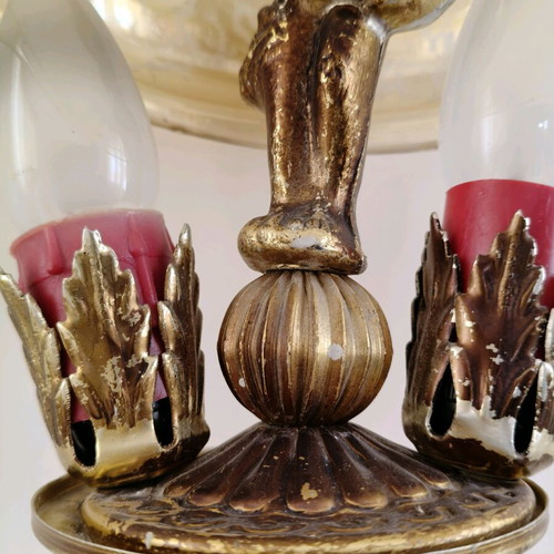 Vintage Hollywood Regency chandelier with gold and amber glass like new