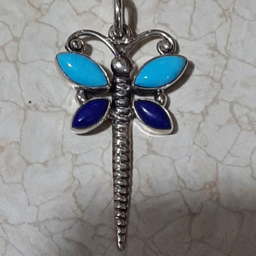 Dragonfly pendant sterling silver 925 with lapis lazuli and authentic turquoise new