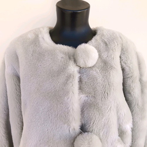 Faux fur jacket with pompons used, size L/XL, beige