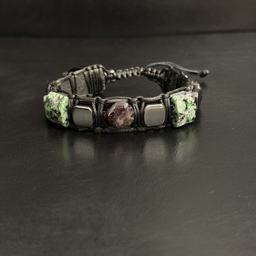 Men's leather bracelet with garnet, ruby zoisite, and hematite, new