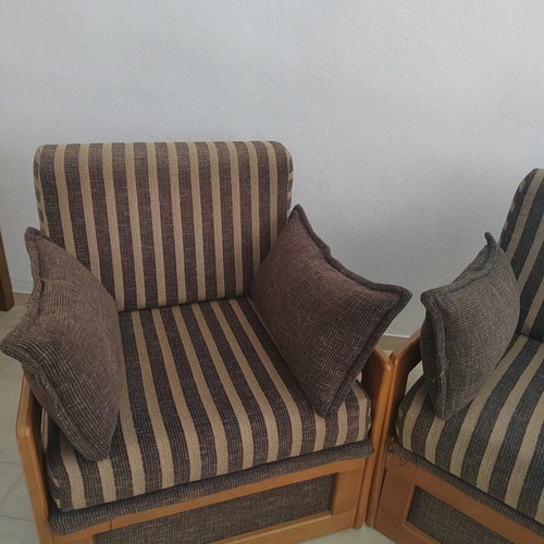 Living room set used two-seater sofa with storage and striped corduroy armchair