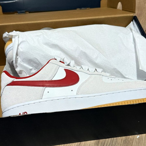 Nike Air Force 1 Low new with white leather, red Swoosh and suede panels