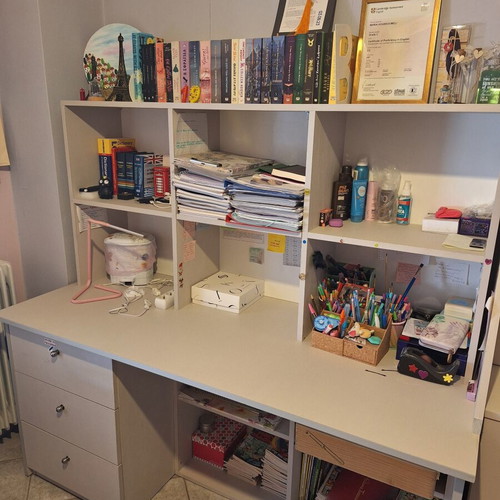Desk for preteens and teens used with storage shelves and drawers