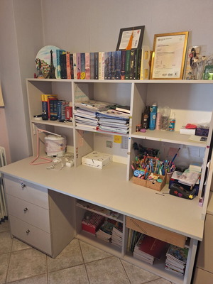 Desk for preteens and teens used with storage shelves and drawers
