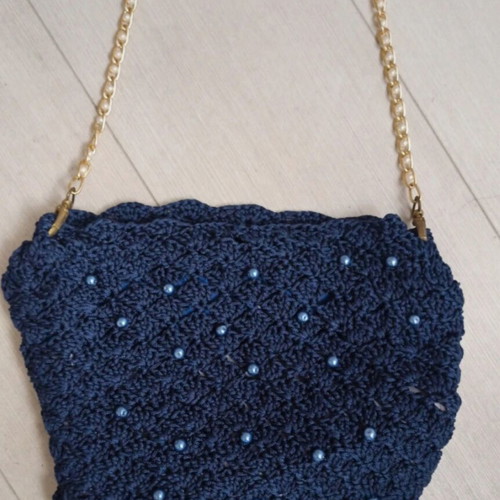 Handmade blue shoulder bag with pearls like new