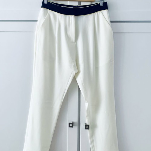Stelios Koudounaris baggy fabric pants, ecru with black and yellow trim