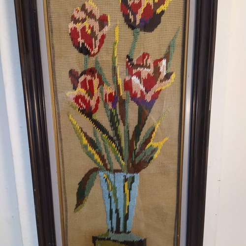 Vintage embroidered tulips textile painting 60x27 cm like new