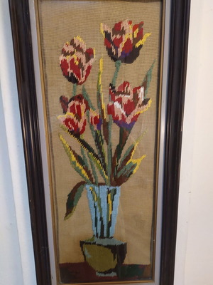 Vintage embroidered tulips textile painting 60x27 cm like new