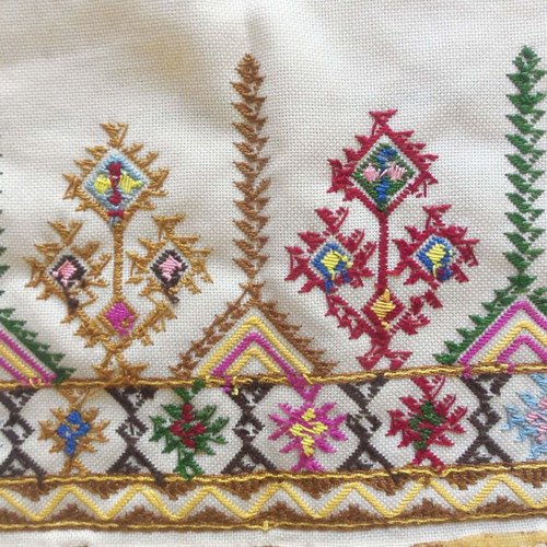 Folk Art Handmade Embroidered Fabric with Geometric Patterns used, 1m x 36cm