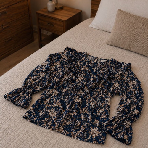 Elegance blouse with ruffles and floral details used, blue and beige