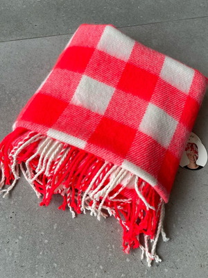 Women's checked scarf new, white and orange, with fringes