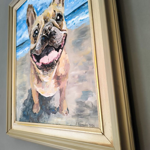 Painting Happy French Bulldog on the Beach acrylic, like new