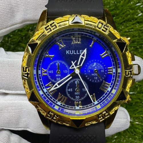 Luxury Watch Gold Tone With Blue Dial And Rubber Strap New