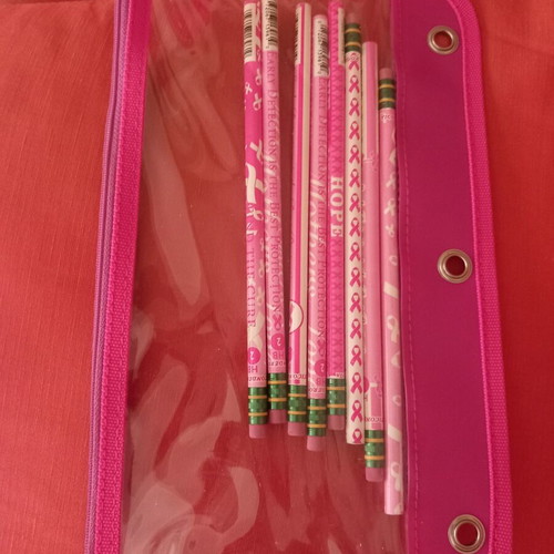 Transparent pink pencil case with used breast cancer awareness pencils