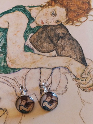 Egon Schiele Handmade Earrings with Seated Woman Painting