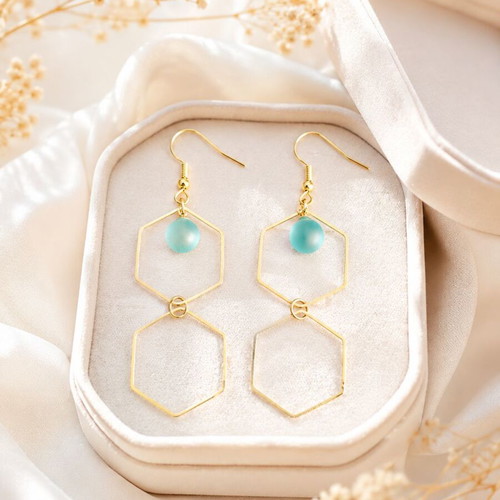 Handmade Sea Glass Hexagon Earrings with Double Gold Hexagons and Blue Bead